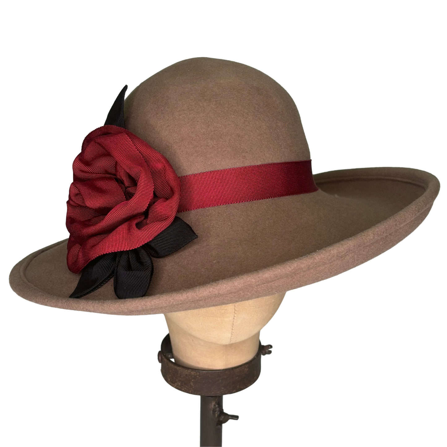 Wool Wide Brim Cloche with Wine Grosgrain Rose