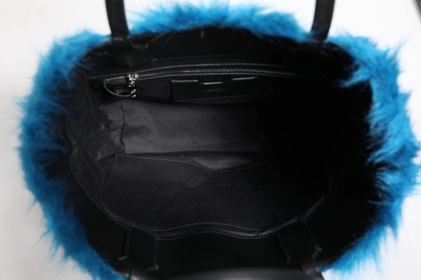 Dolce & Gabbana Blue Fur Logo Plaque Double Handle Shoulder Bag