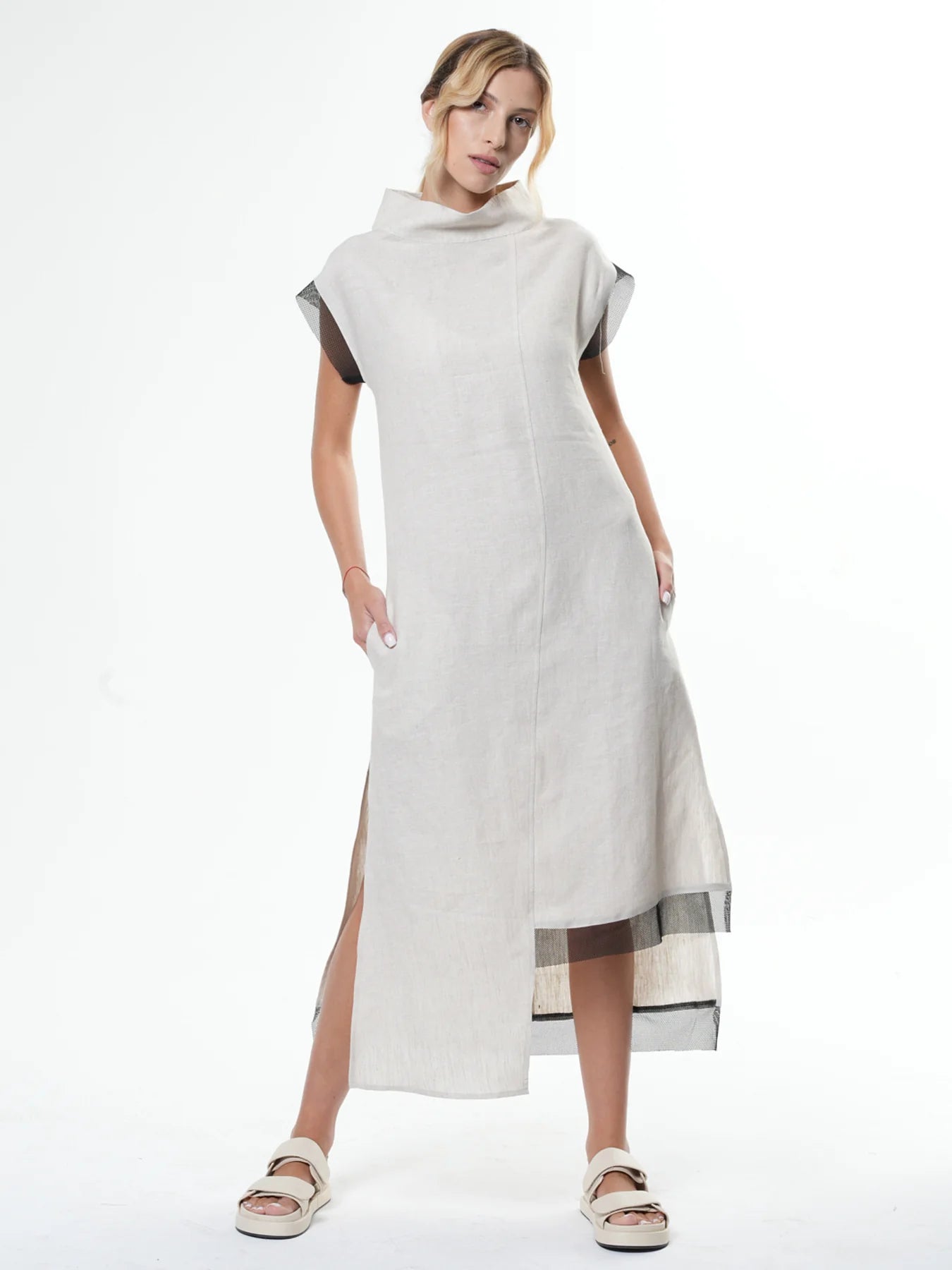 Metamorphoza | Asymmetrical Linen Dress In Beige