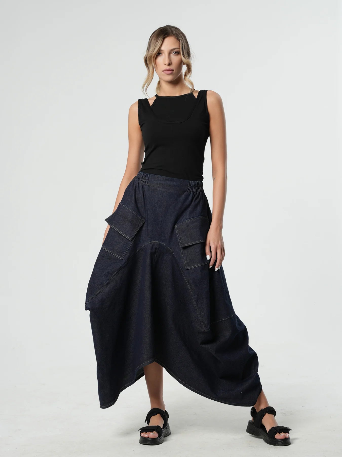 Metamorphoza | Asymmetrical Long Dark Denim Skirt