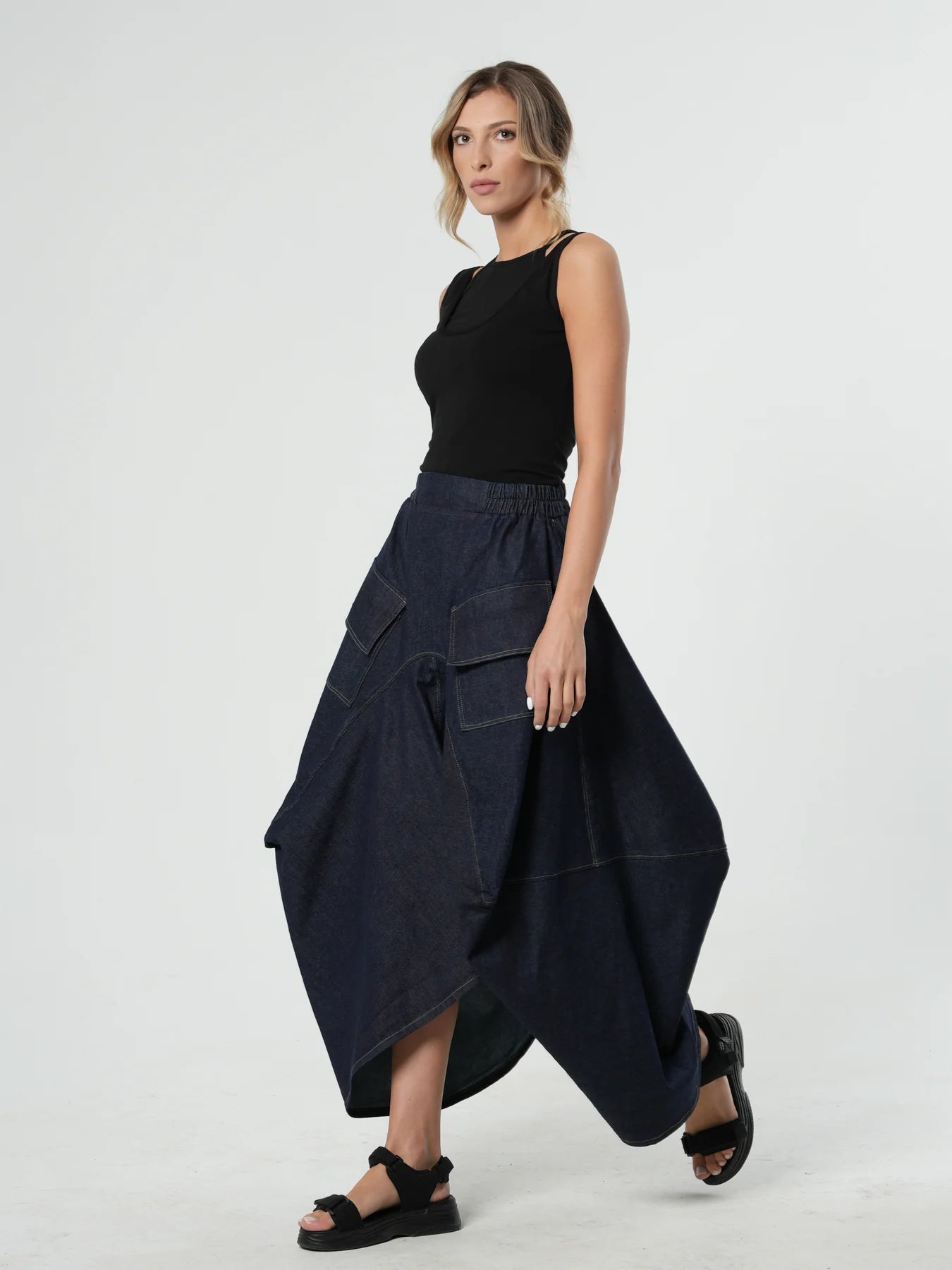 Metamorphoza | Asymmetrical Long Dark Denim Skirt