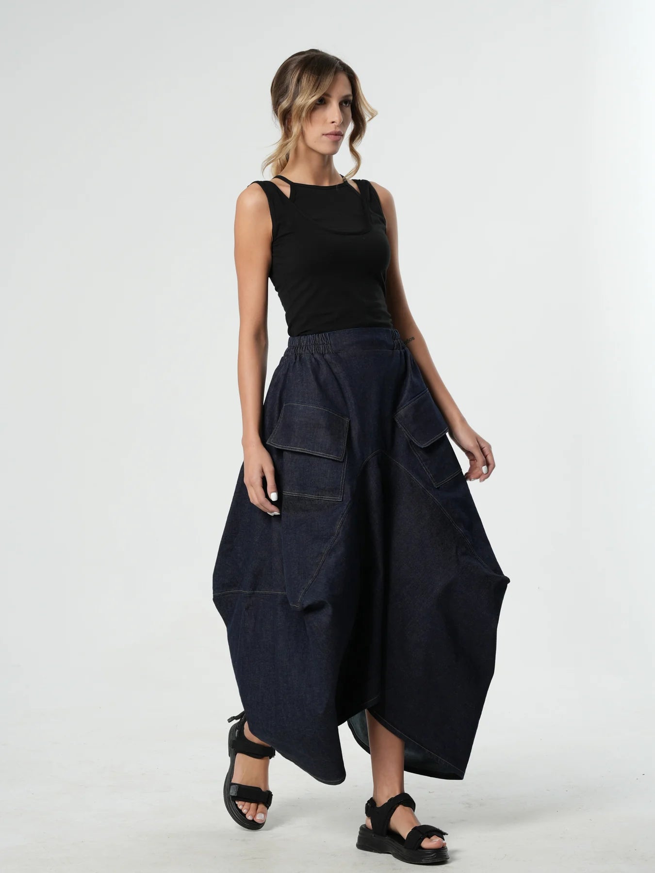 Metamorphoza | Asymmetrical Long Dark Denim Skirt