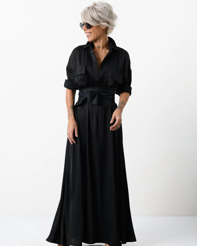 Locker Room | Elegant Maxi Black Shirt Dress with Vegan Leather Belt