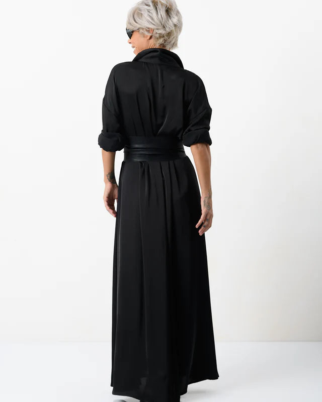 Locker Room | Elegant Maxi Black Shirt Dress with Vegan Leather Belt