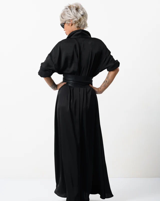 Locker Room | Elegant Maxi Black Shirt Dress with Vegan Leather Belt