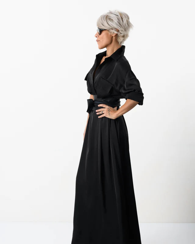 Locker Room | Elegant Maxi Black Shirt Dress with Vegan Leather Belt