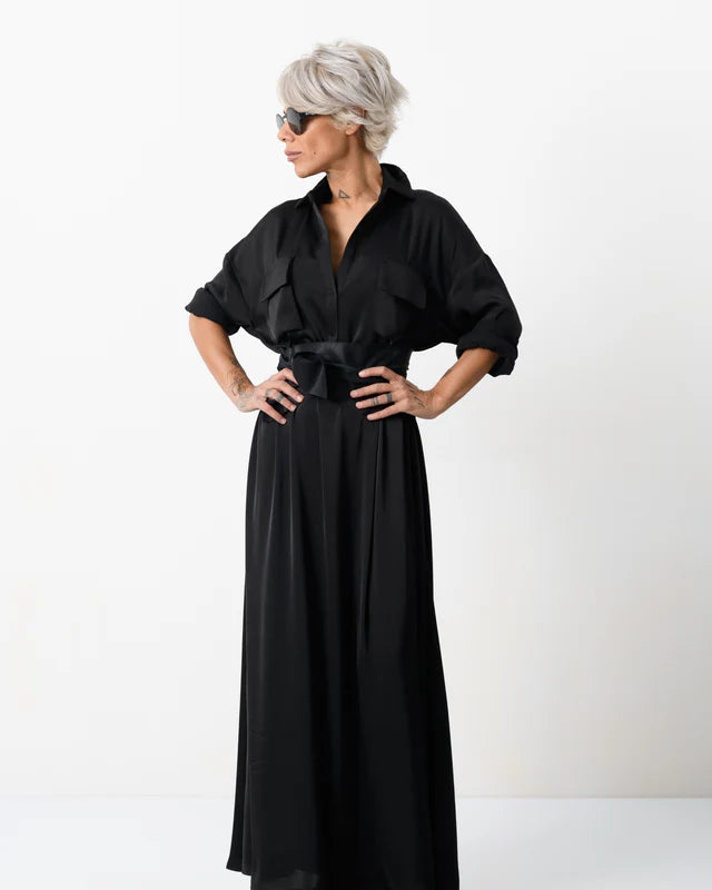 Locker Room | Elegant Maxi Black Shirt Dress with Vegan Leather Belt