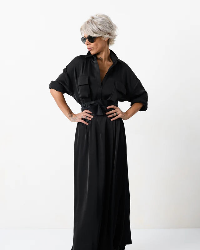 Locker Room | Elegant Maxi Black Shirt Dress with Vegan Leather Belt