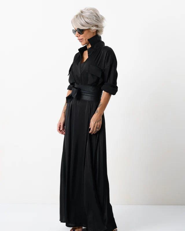 Locker Room | Elegant Maxi Black Shirt Dress with Vegan Leather Belt