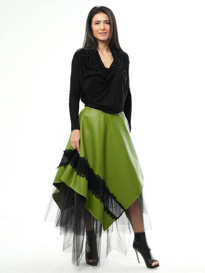 Metamorphoza | Green Vegan Leather Skirt with Black Tulle