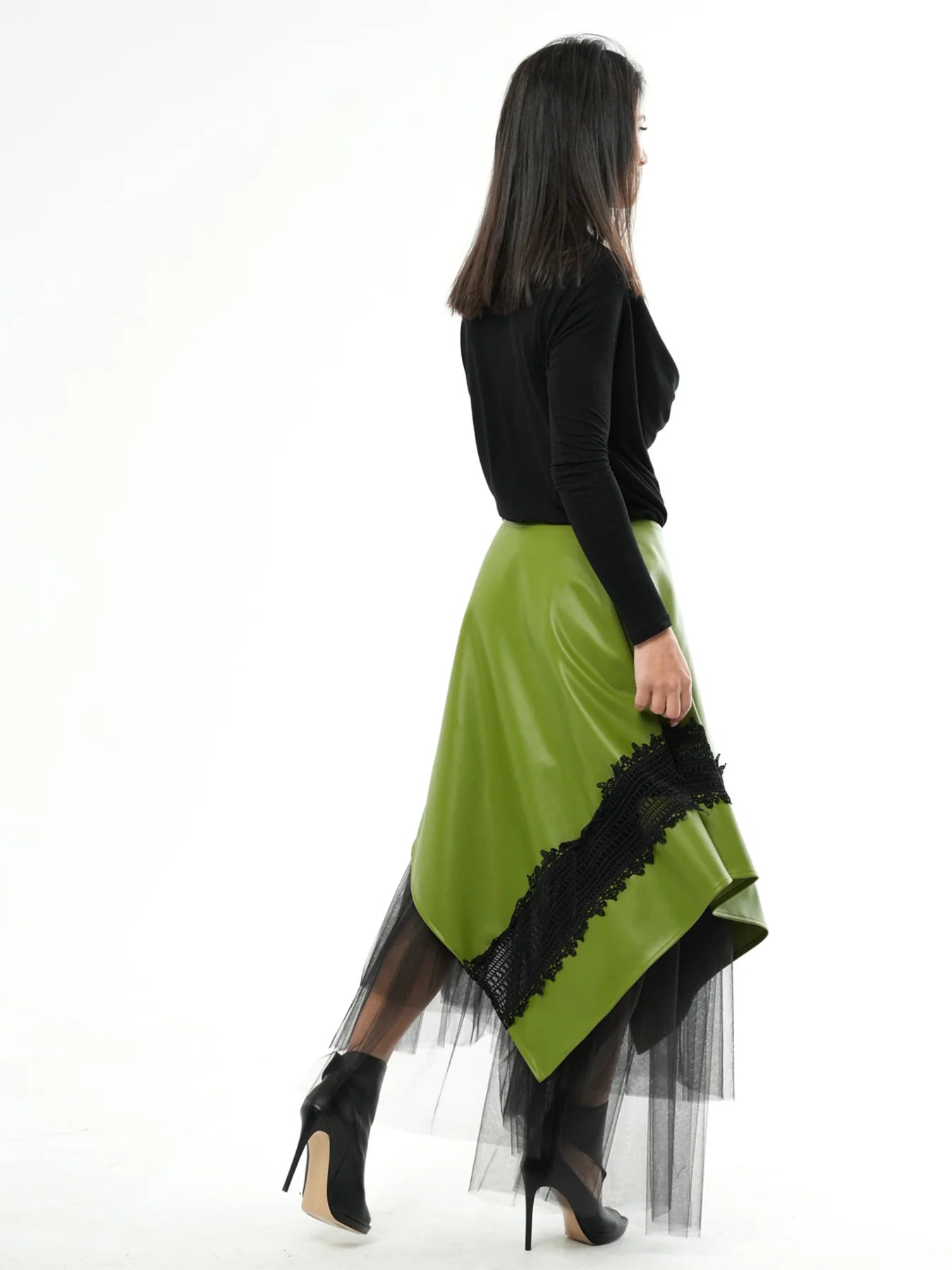 Metamorphoza | Green Vegan Leather Skirt with Black Tulle