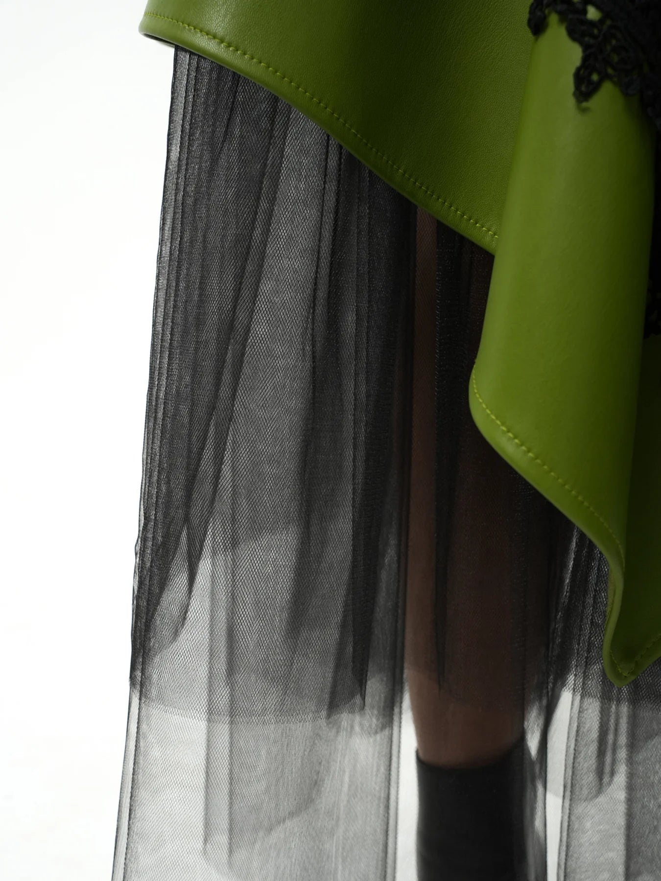 Metamorphoza | Green Vegan Leather Skirt with Black Tulle