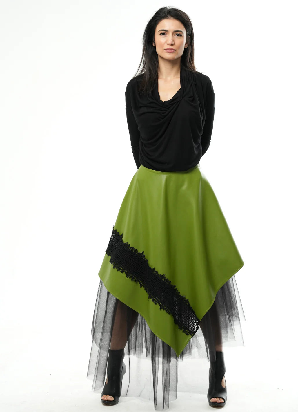Metamorphoza | Green Vegan Leather Skirt with Black Tulle