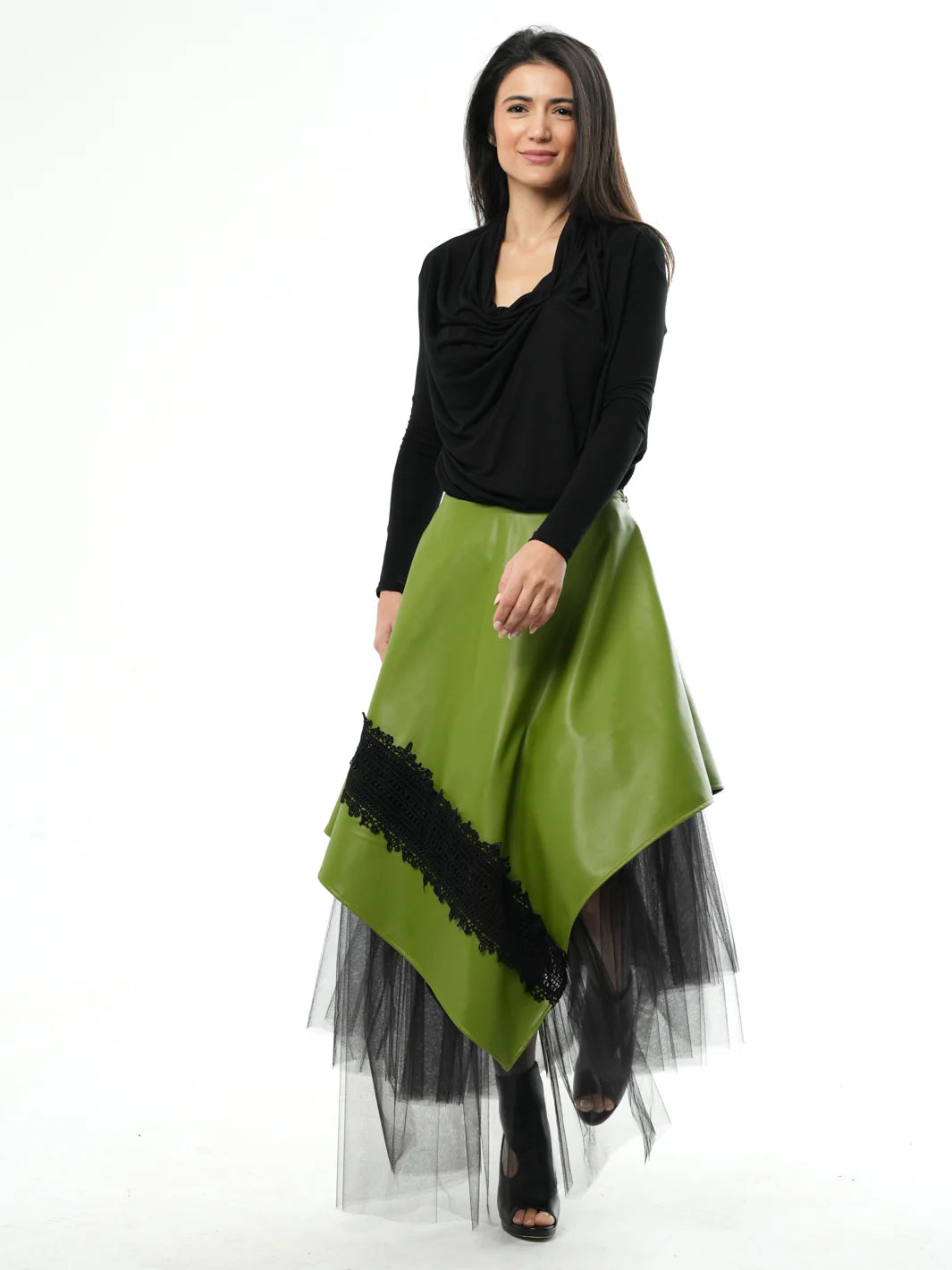 Metamorphoza | Green Vegan Leather Skirt with Black Tulle