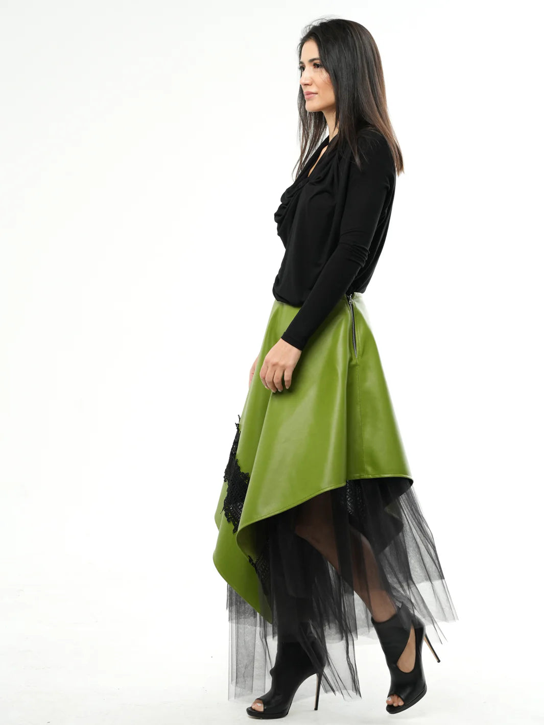 Metamorphoza | Green Vegan Leather Skirt with Black Tulle