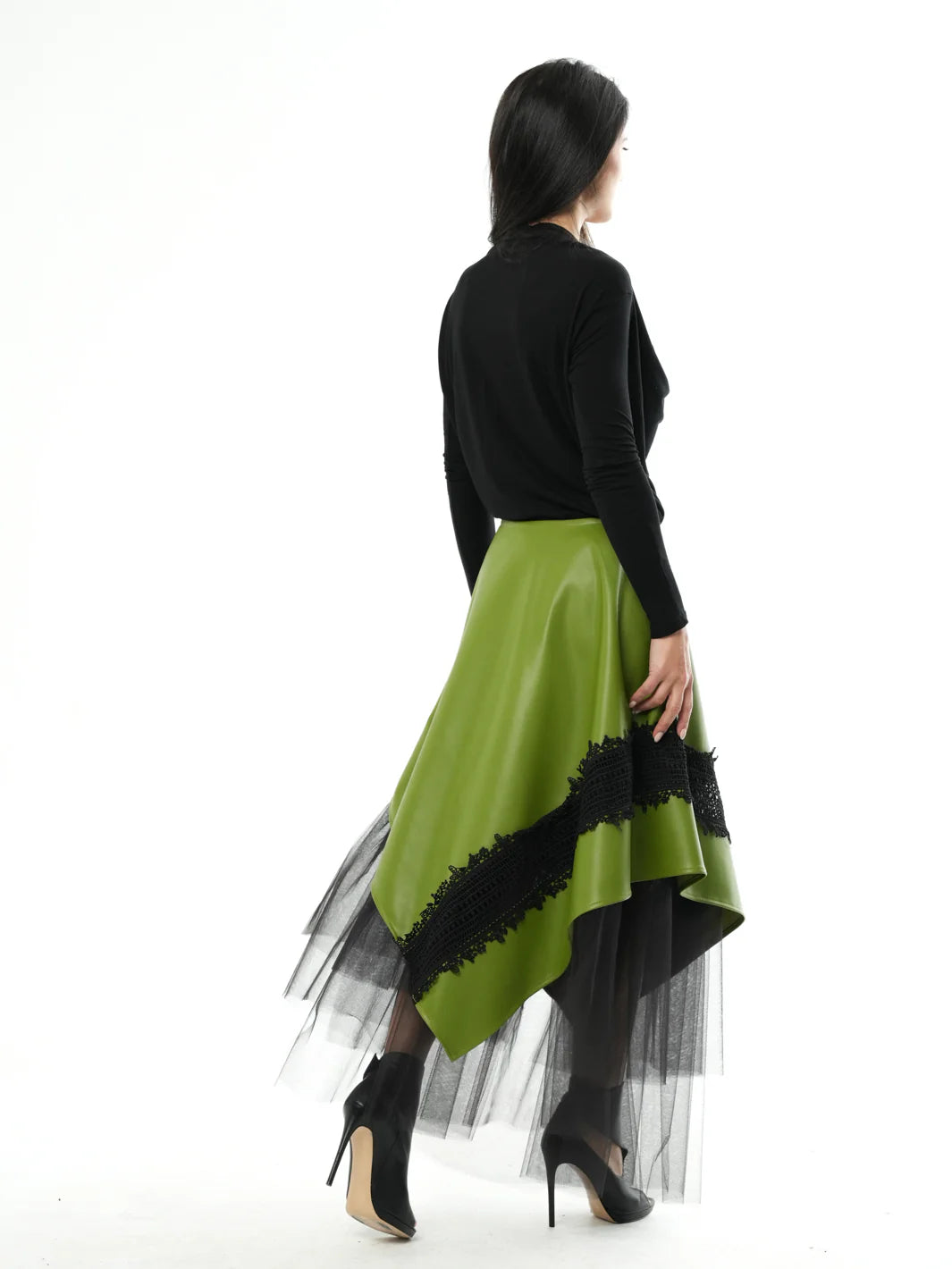 Metamorphoza | Green Vegan Leather Skirt with Black Tulle