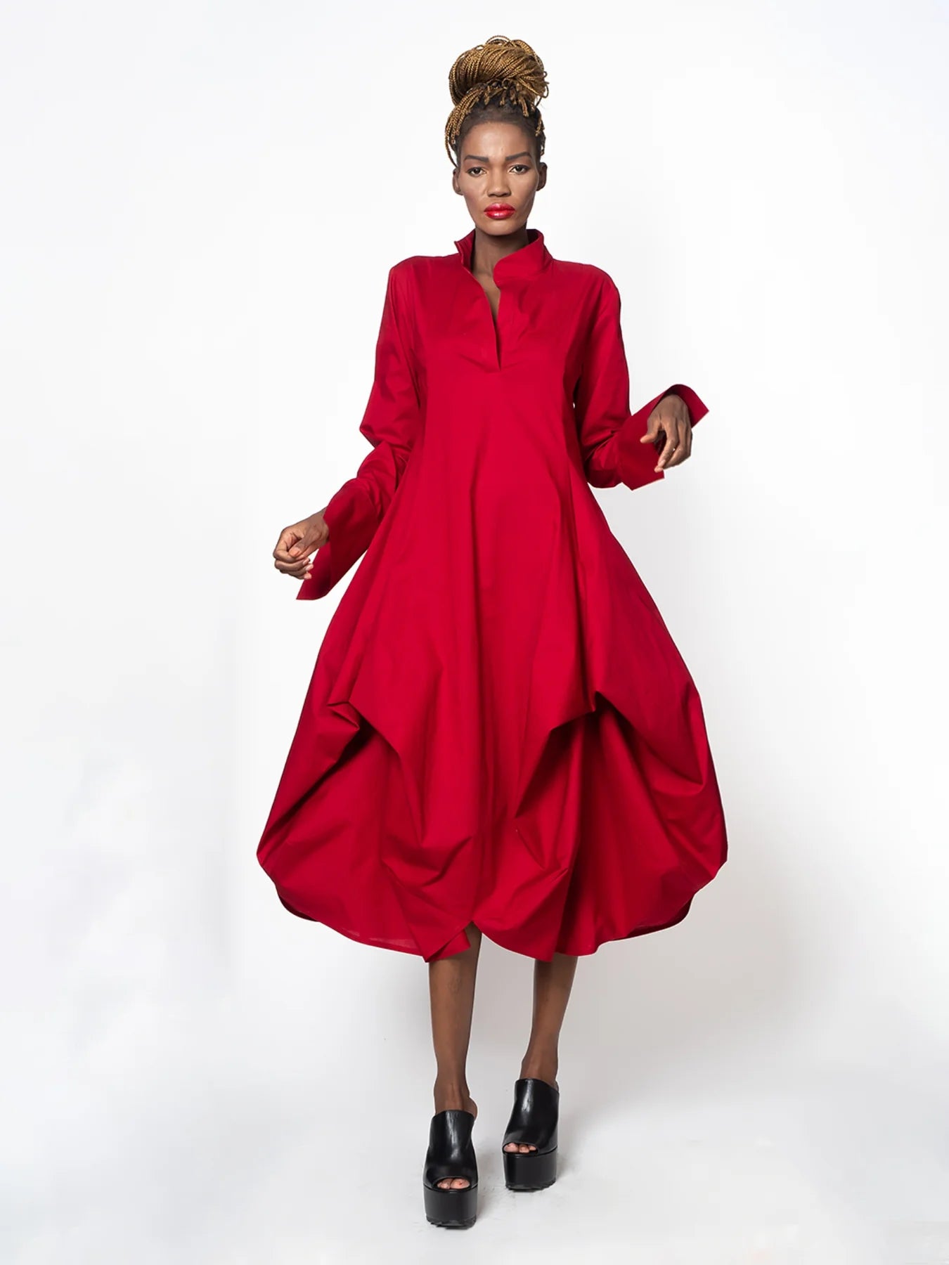 Metamorphoza | Maxi Asymmetric Collar Shirt Dress (Red, Black, Green)