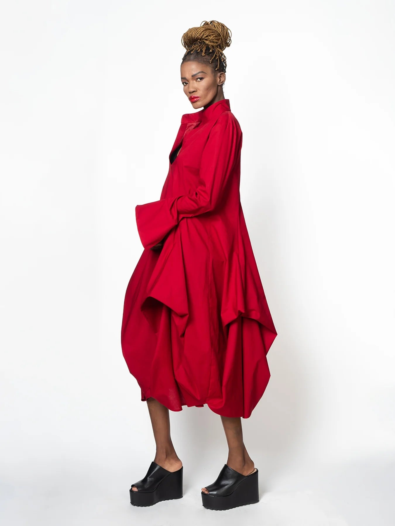 Metamorphoza | Maxi Asymmetric Collar Shirt Dress (Red, Black, Green)