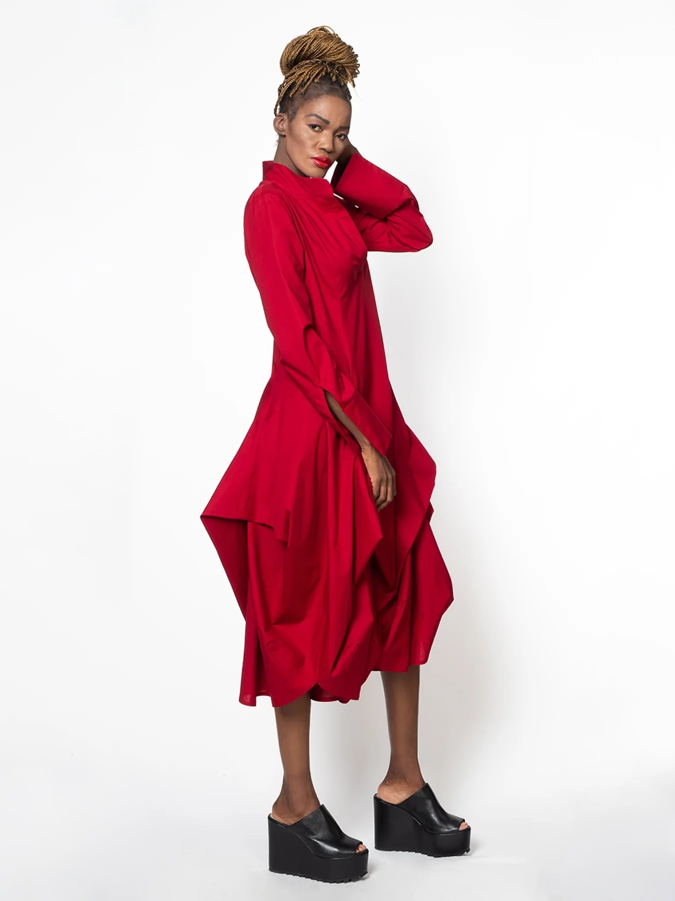 Metamorphoza | Maxi Asymmetric Collar Shirt Dress (Red, Black, Green)
