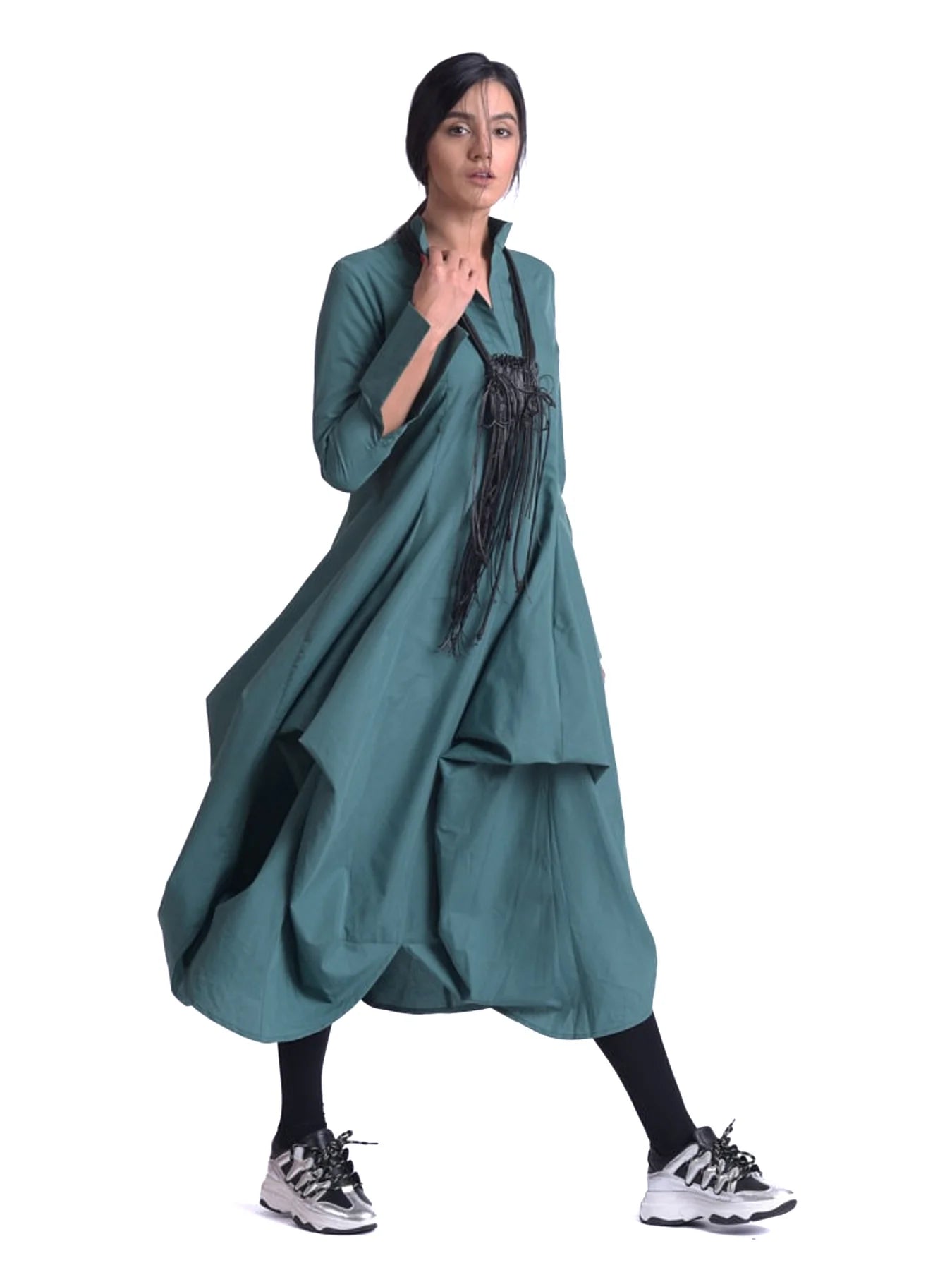 Metamorphoza | Maxi Asymmetric Collar Shirt Dress (Red, Black, Green)