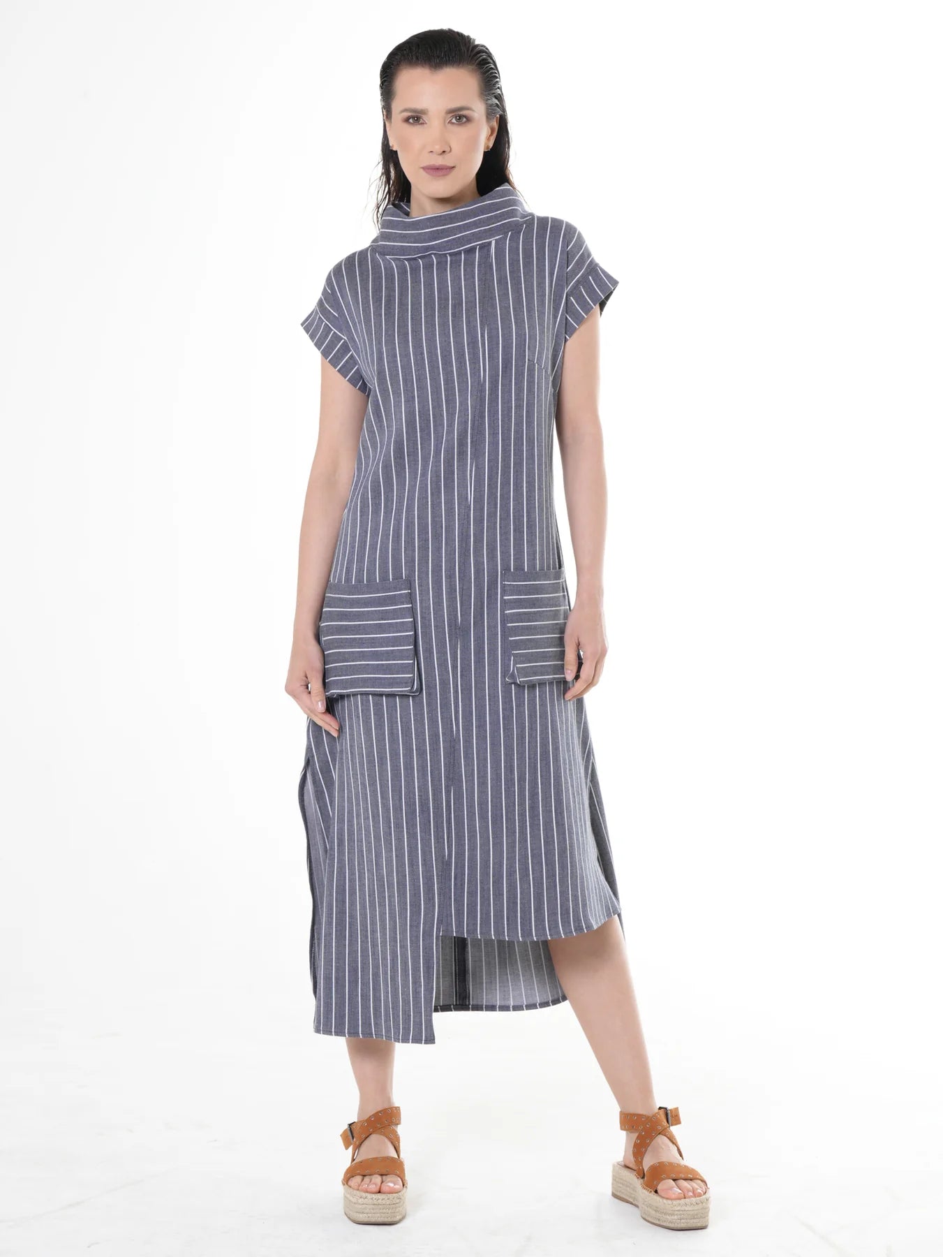 Metamorphoza | Midi Striped Denim Dress In Dark Blue