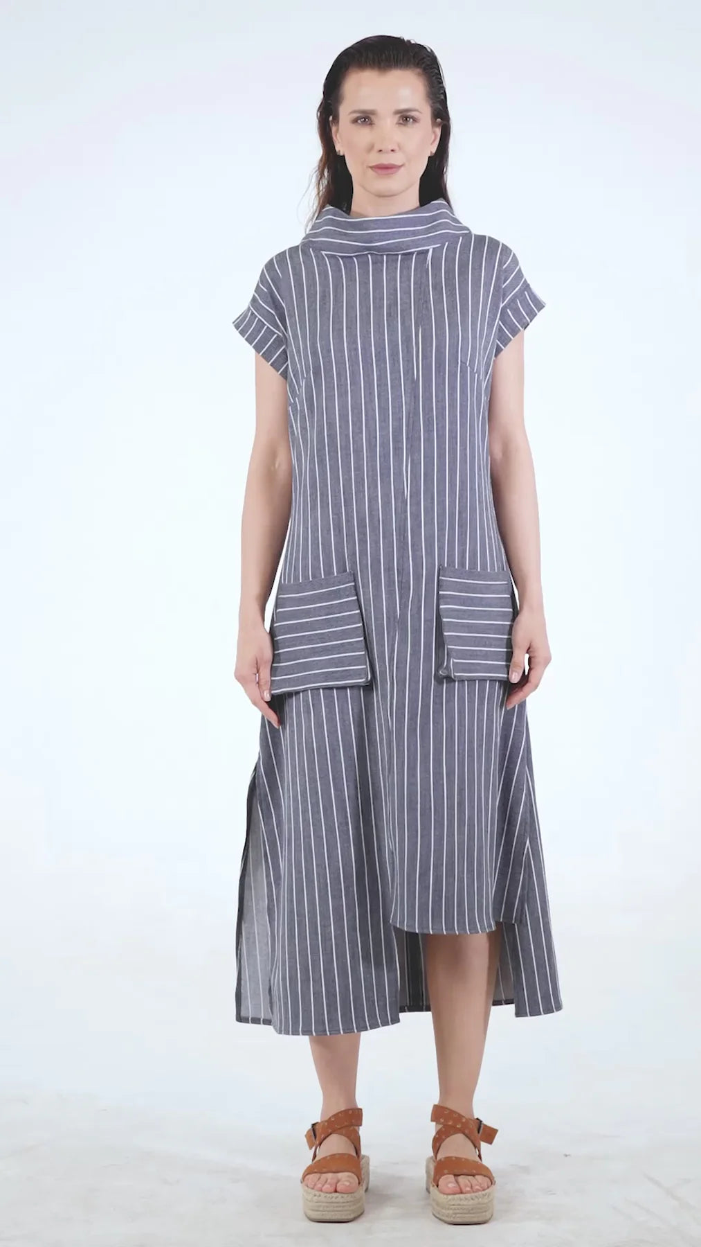 Metamorphoza | Midi Striped Denim Dress In Dark Blue