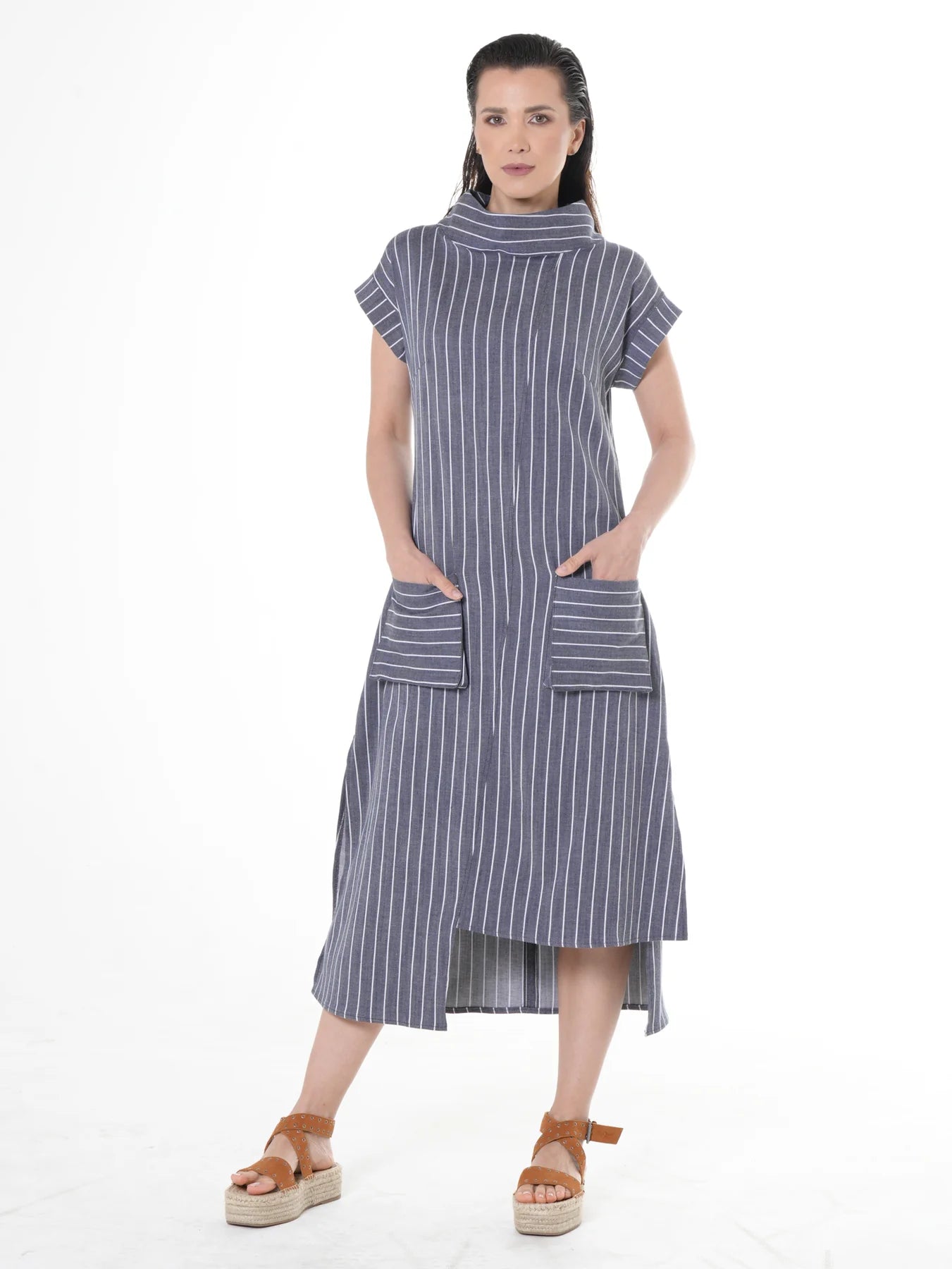 Metamorphoza | Midi Striped Denim Dress In Dark Blue