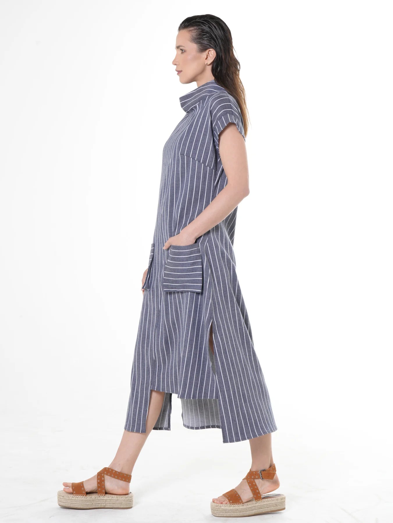 Metamorphoza | Midi Striped Denim Dress In Dark Blue