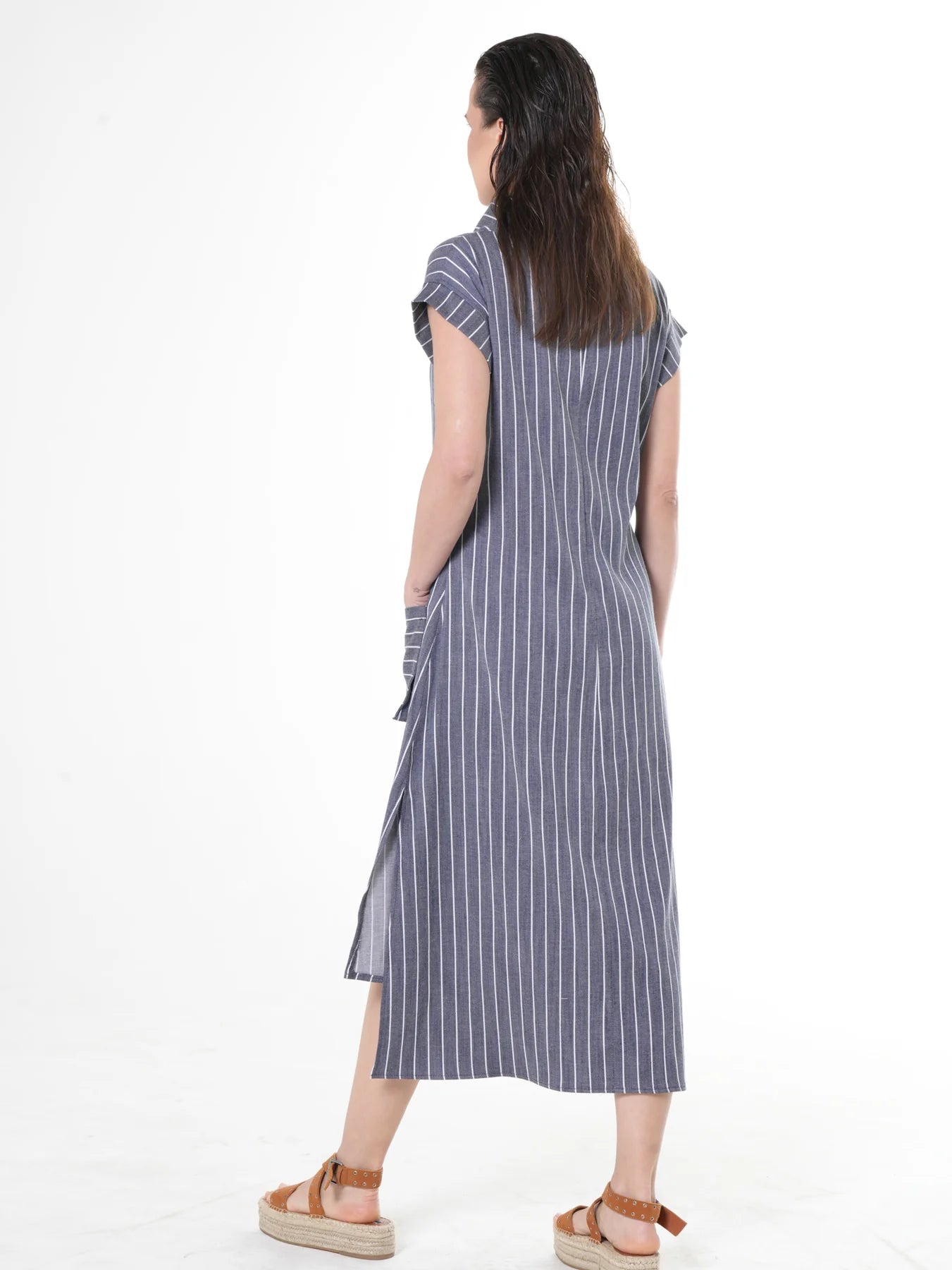 Metamorphoza | Midi Striped Denim Dress In Dark Blue