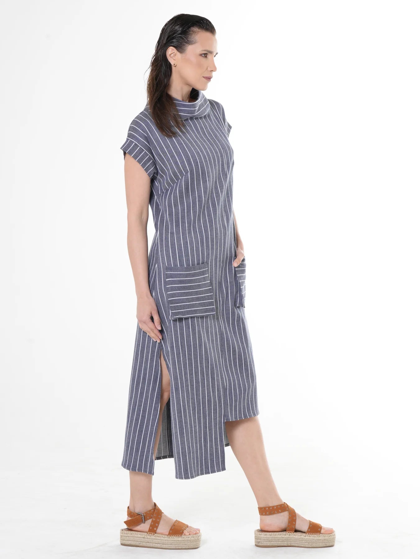 Metamorphoza | Midi Striped Denim Dress In Dark Blue