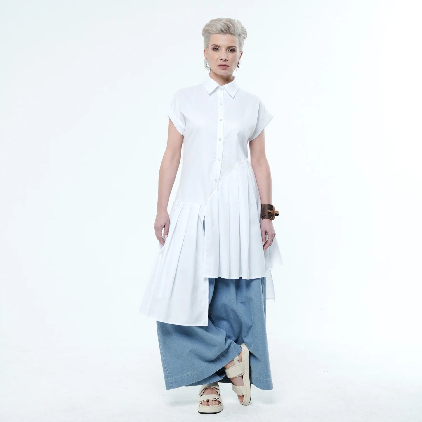 Metamorphoza | Pleated Tunic Shirt In White