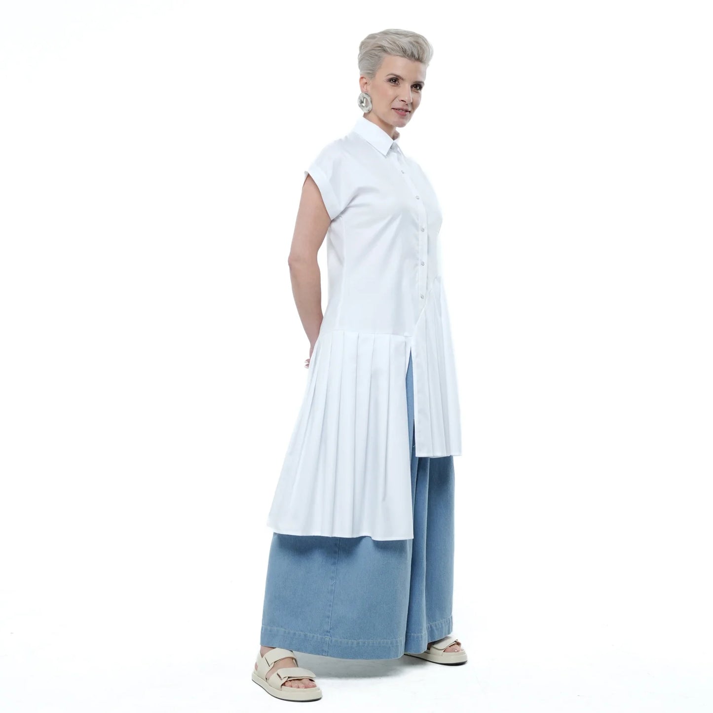 Metamorphoza | Pleated Tunic Shirt In White