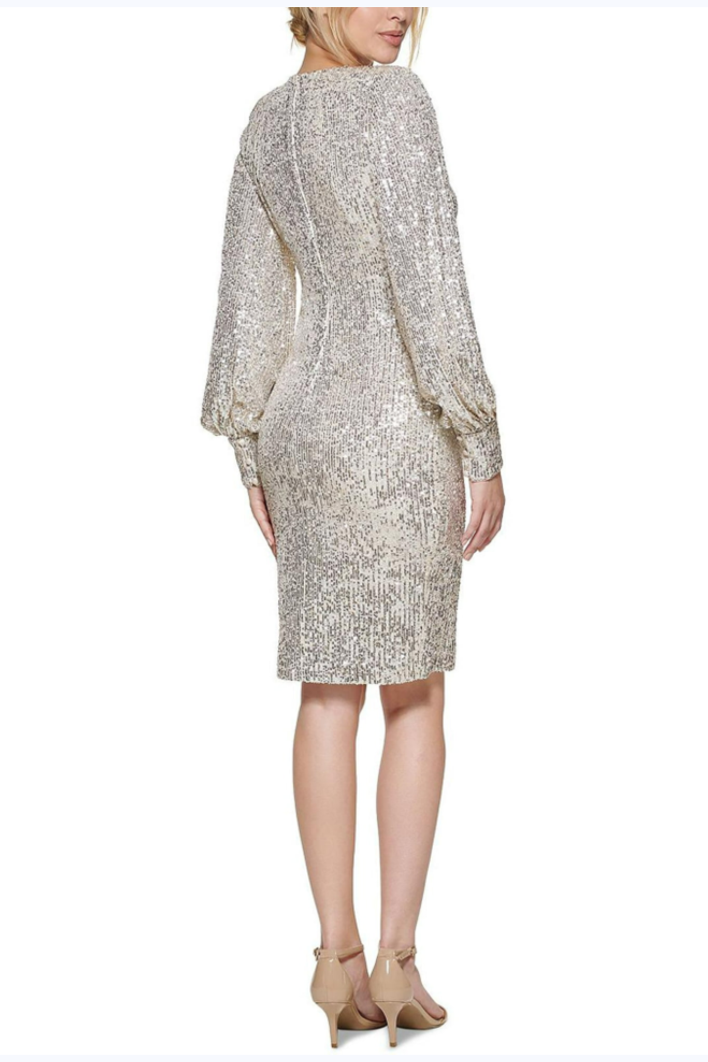 Eliza J Long Sleeve Keyhole Sequined Party Dress: SILVER / 10