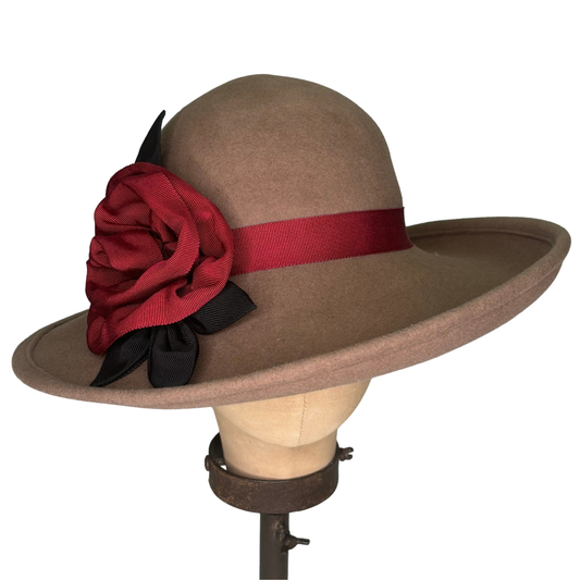 Wool Wide Brim Cloche with Wine Grosgrain Rose