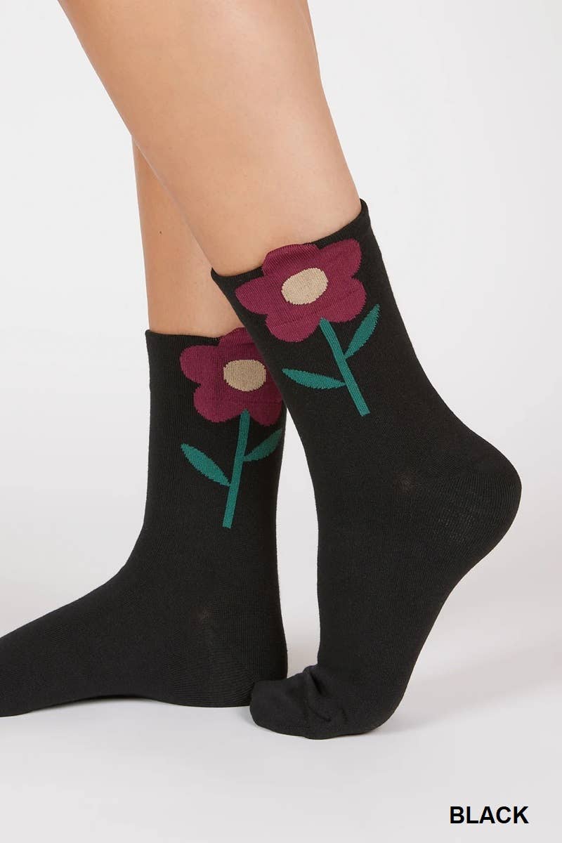 SOCKS_SI-25667 FLORAL DESIGN PATTERNED KNITTED SOCKS, 3 PAIRS IN 1: BLACK-163449 / OS