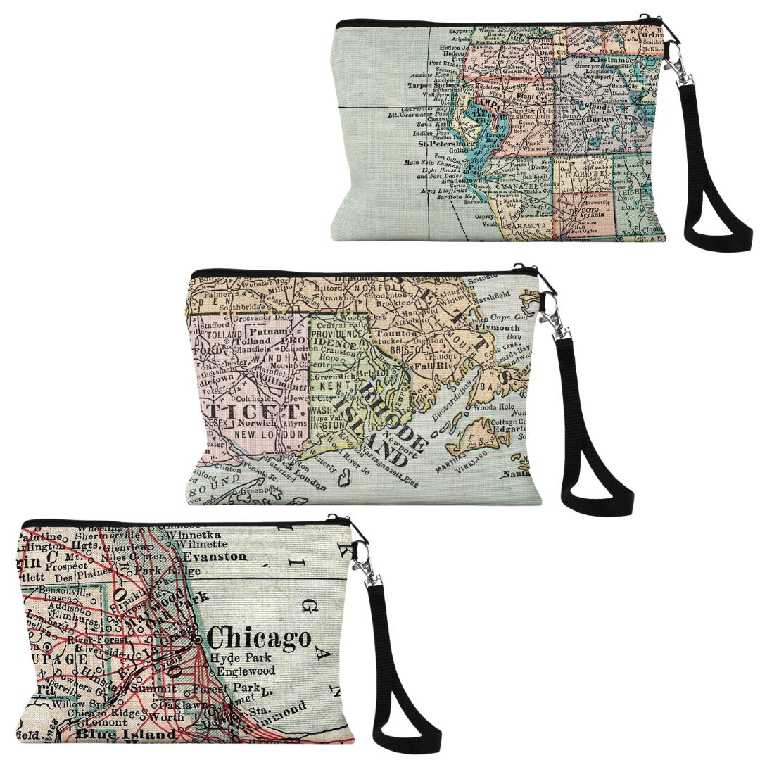 Map Electronics Bag Wristlet Zipper Pouch Makeup Bag