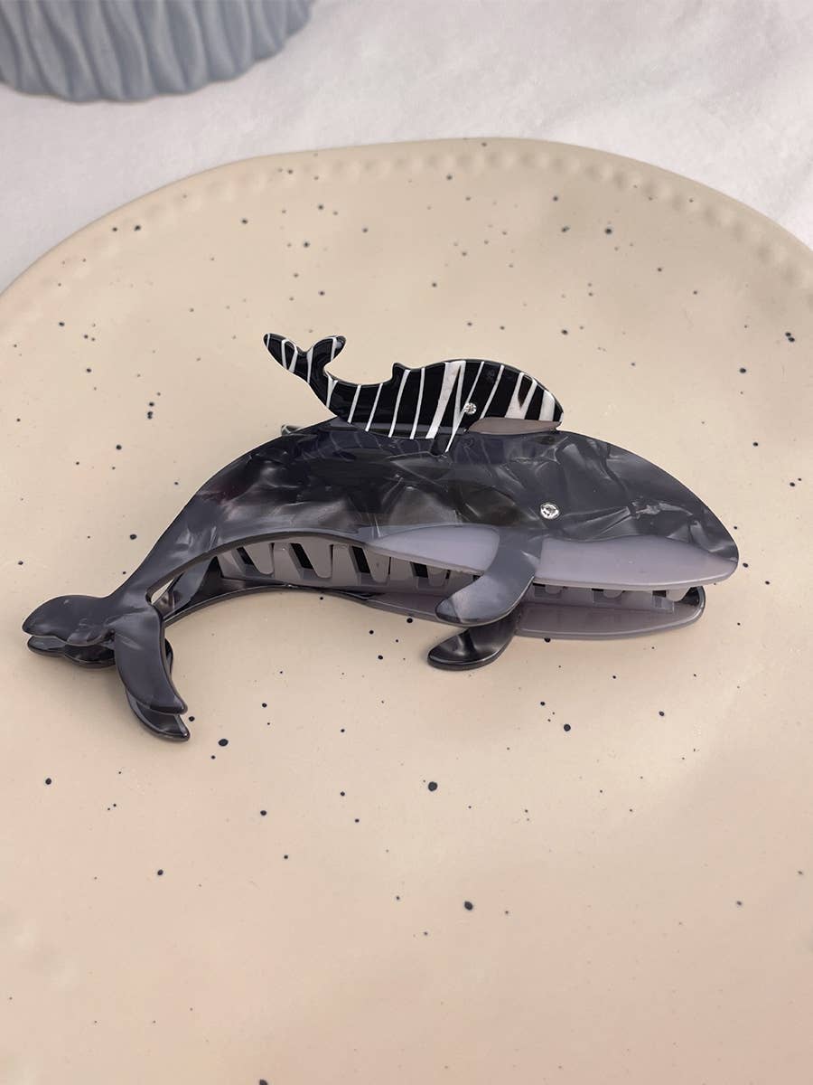 HAIR CLIPS: Ocean whale with black striped baby