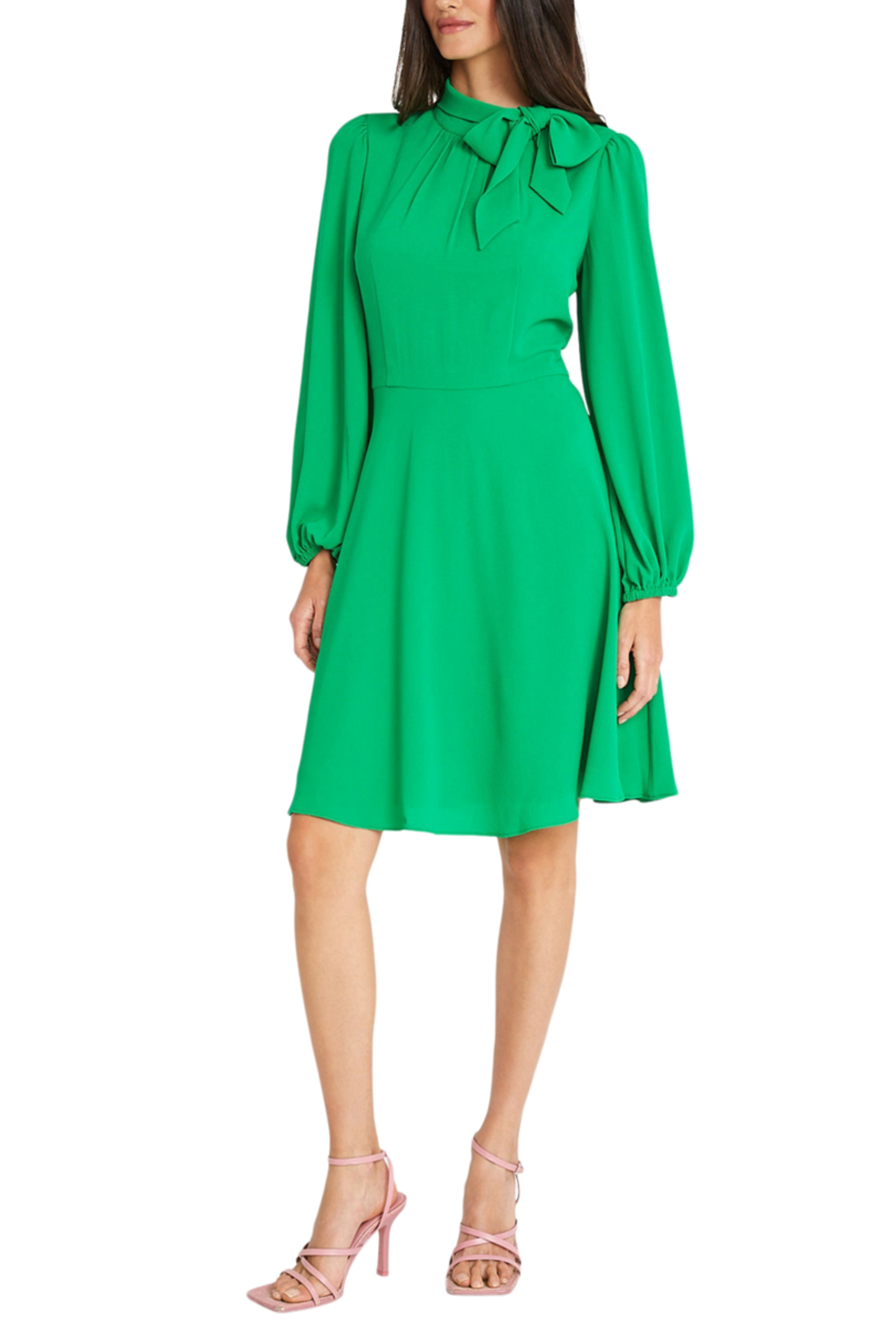 Maggy London Long Sleeve Tie-Neck Flare Dress: GOLF GREEN / 6