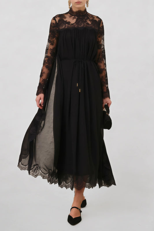 Relvoux   |    Clea Black Semi-sheer Lace Midi Dress