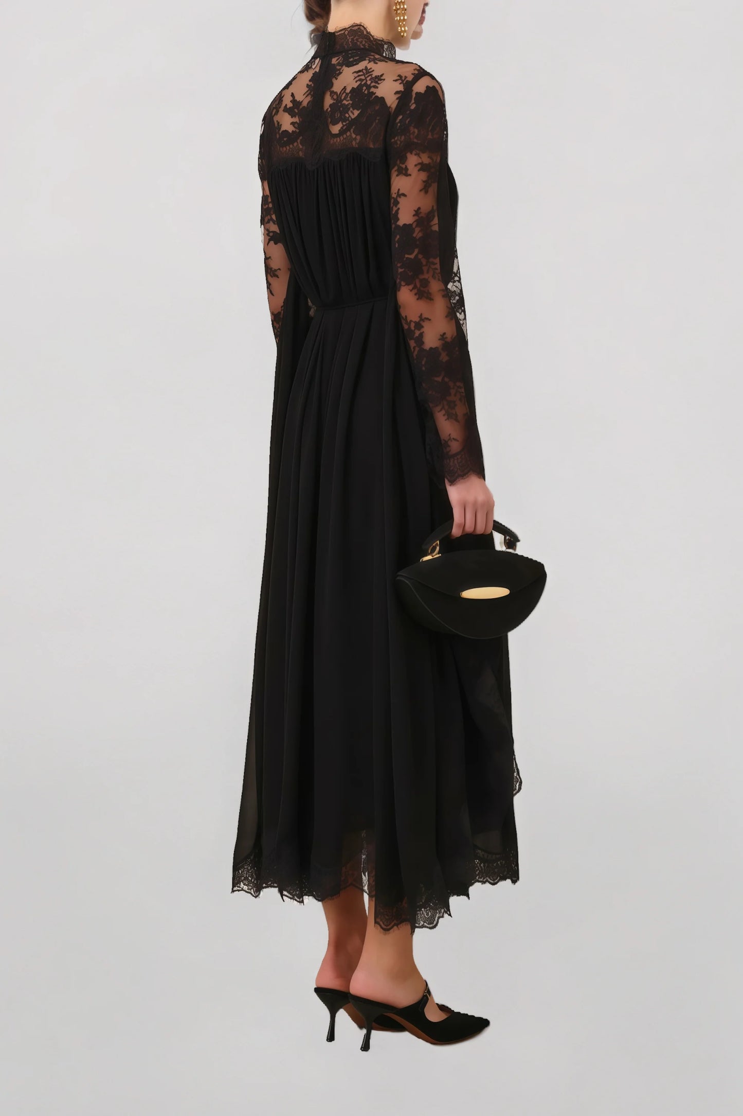 Relvoux   |    Clea Black Semi-sheer Lace Midi Dress