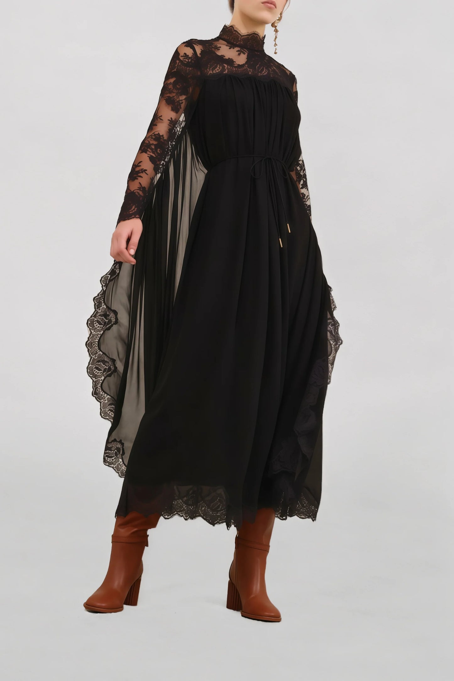 Relvoux   |    Clea Black Semi-sheer Lace Midi Dress