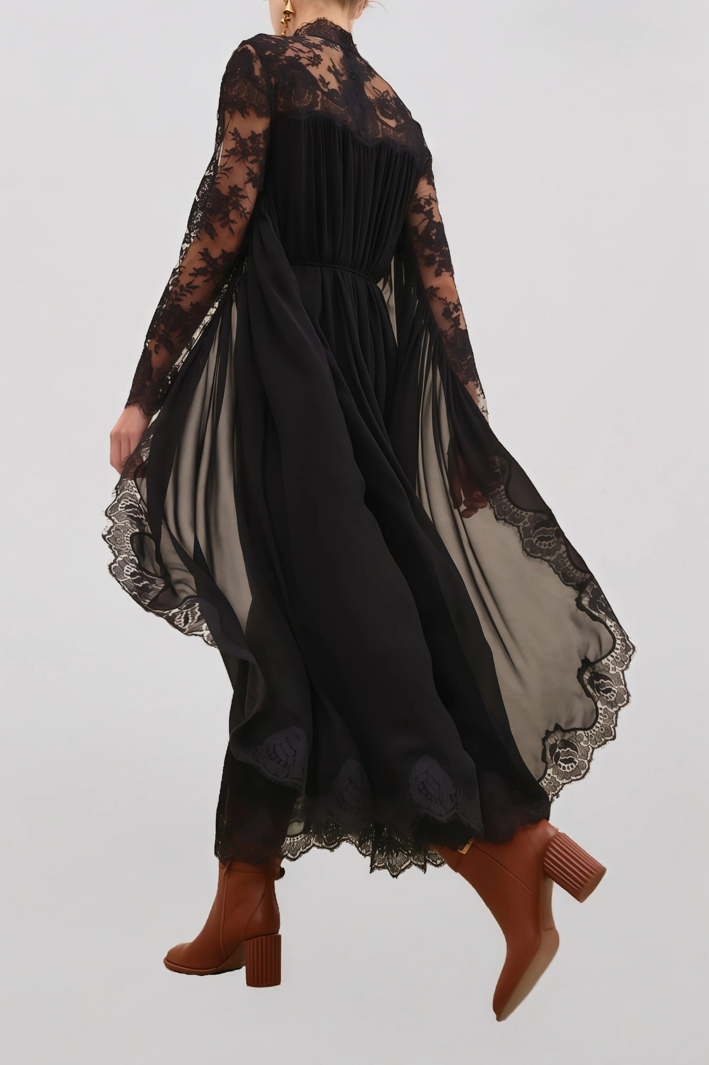 Relvoux   |    Clea Black Semi-sheer Lace Midi Dress