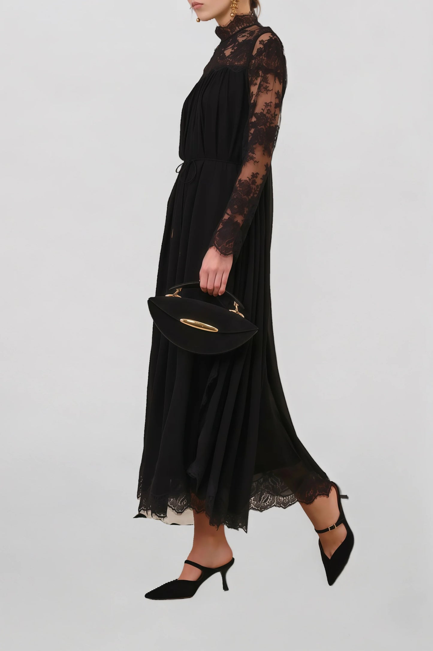 Relvoux   |    Clea Black Semi-sheer Lace Midi Dress