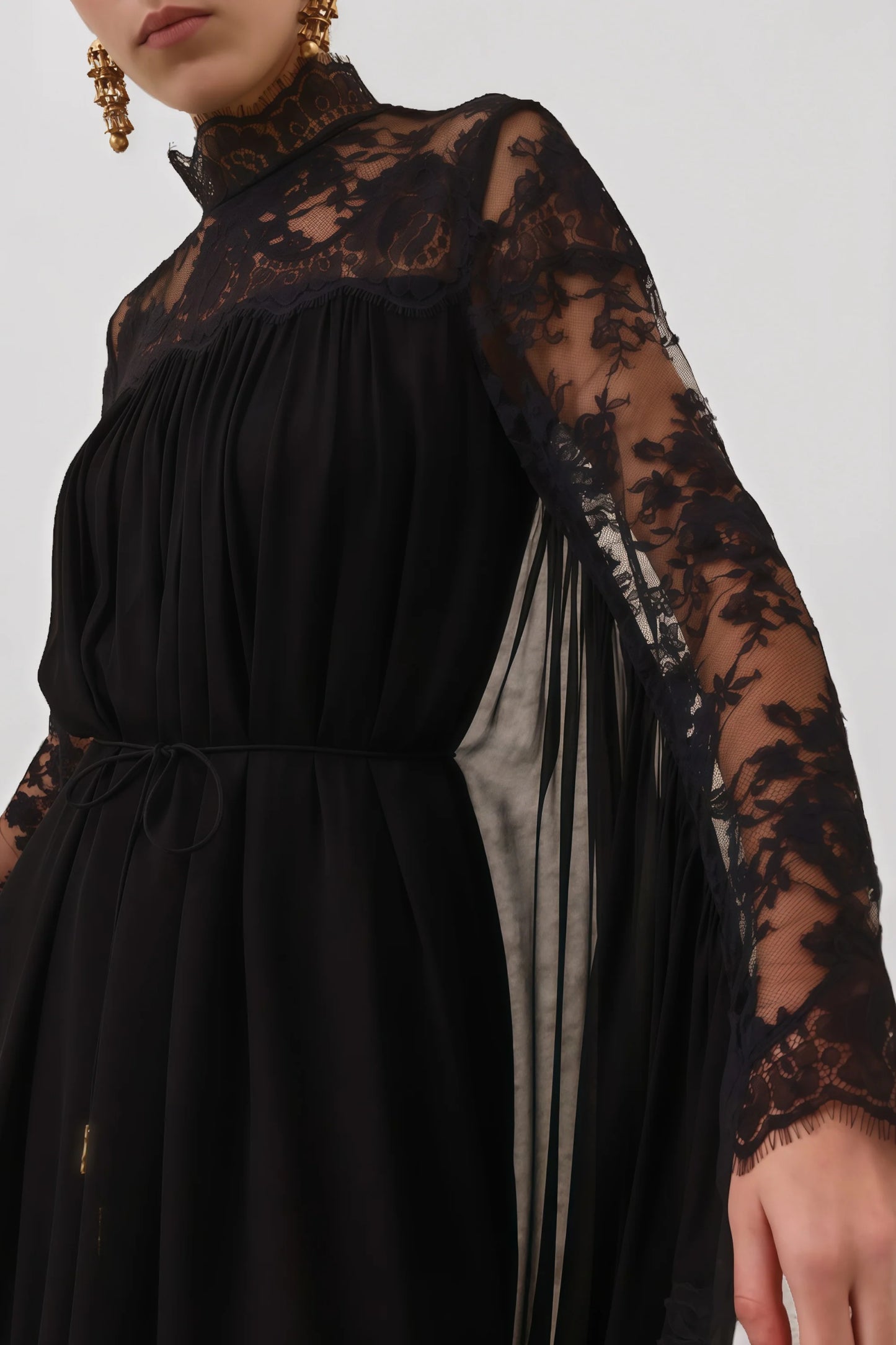 Relvoux   |    Clea Black Semi-sheer Lace Midi Dress