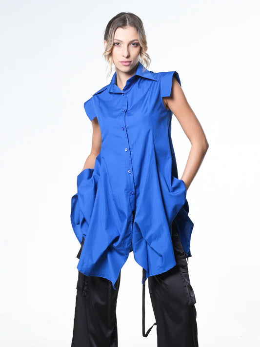 Metamorphoza   |    Extravagant Draped Tunic Shirt In Blue