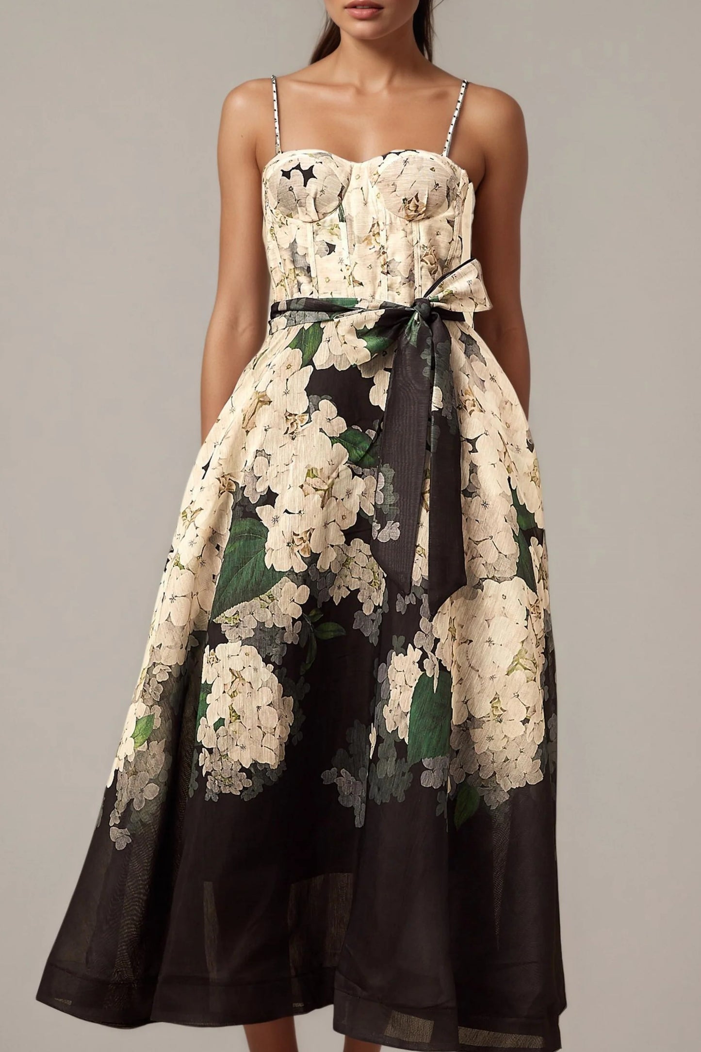 Relvoux   |    Géraldine Midi Dress With Floral Print And Tied Waist