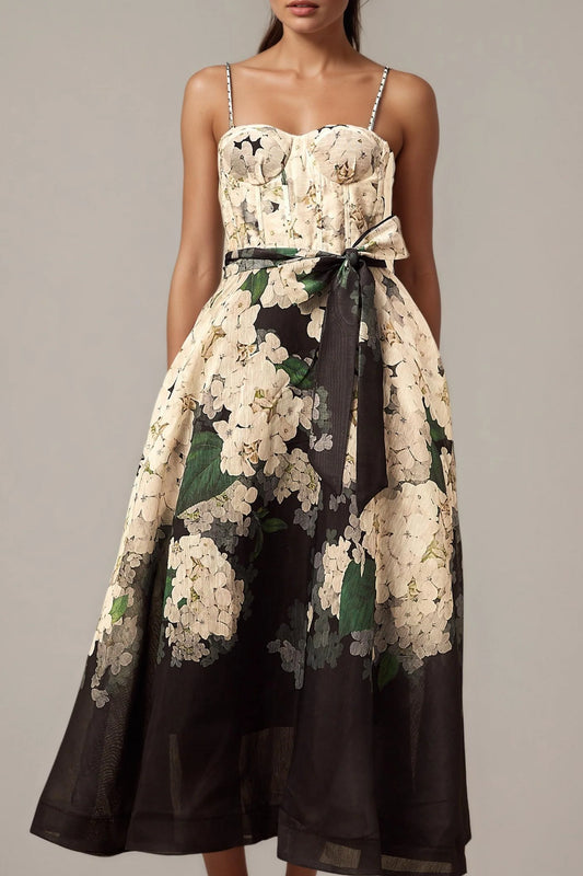 Relvoux   |    Géraldine Midi Dress With Floral Print And Tied Waist