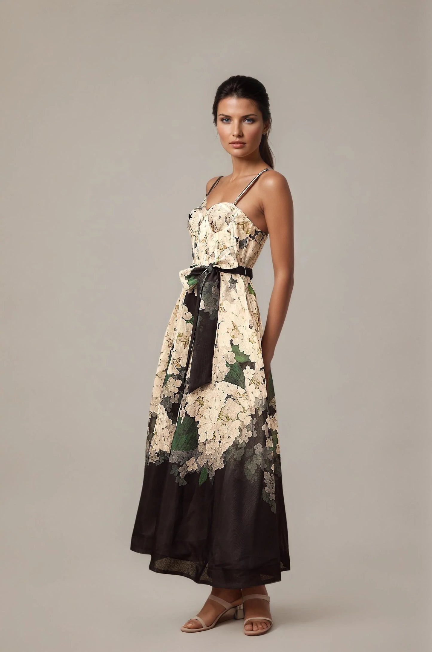Relvoux   |    Géraldine Midi Dress With Floral Print And Tied Waist