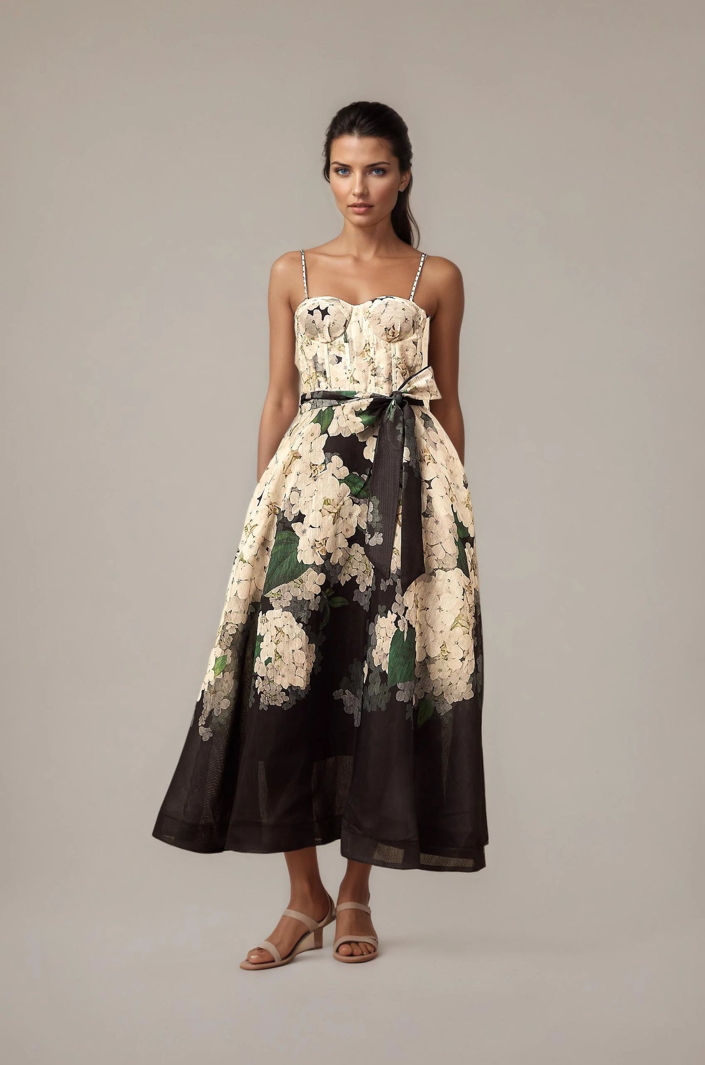 Relvoux   |    Géraldine Midi Dress With Floral Print And Tied Waist
