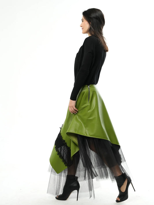Metamorphoza   |    Green Vegan Leather Skirt with Black Tulle
